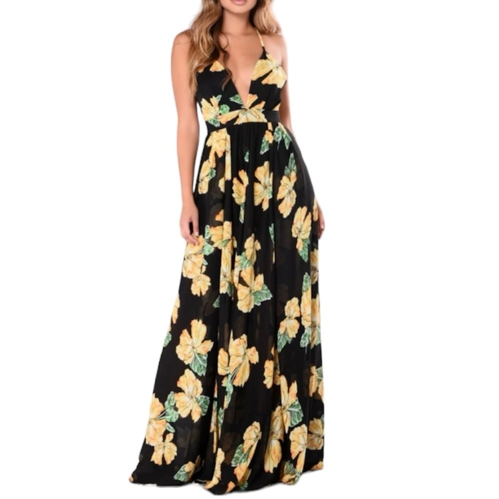 Fashion Nova Floral Maxi‎ Dress Norah Black Yellow Size Small Tropical Vacation